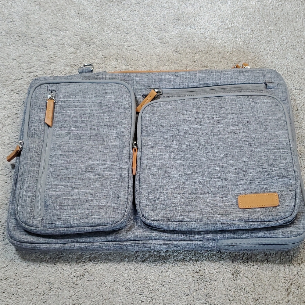 Gray Mosiso Laptop Bag with Tan Accents. Multiple Pockets And Carry Strap. EUC